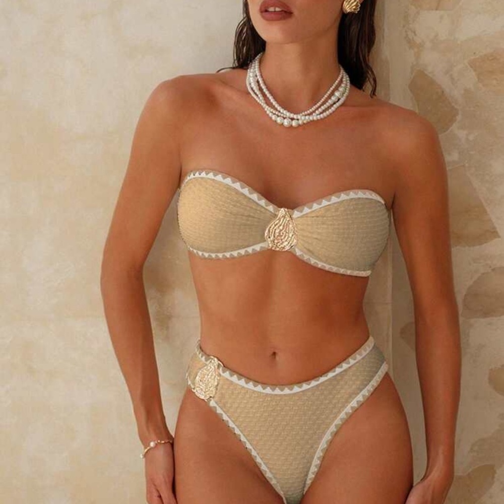 Swim Chiccia 2pcs/Set Summer New Textured Solid Color Crop Top And Bikini Set,